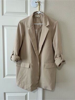 Indigo Rose 1X Beige Open Front Blazer Roll Tab Sleeve Longline